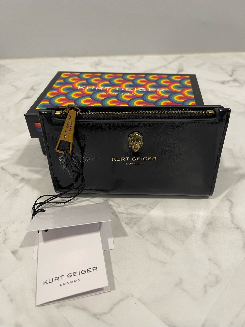 Kurt Geiger Black Leather Zip Card Wallet with Gold Hardware